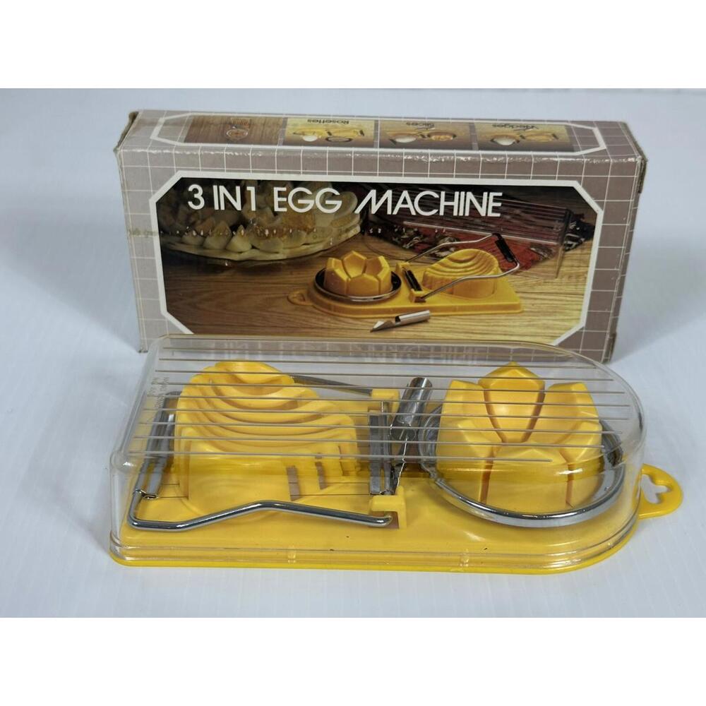 Vtg Yellow 3 In 1 Egg Machine Wedge Slicer Rosette Hong Kong Never Used MCM